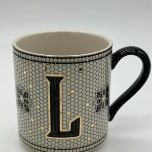 Anthropologie Bistro Tile Monogram L Stoneware Mug Black White Gold